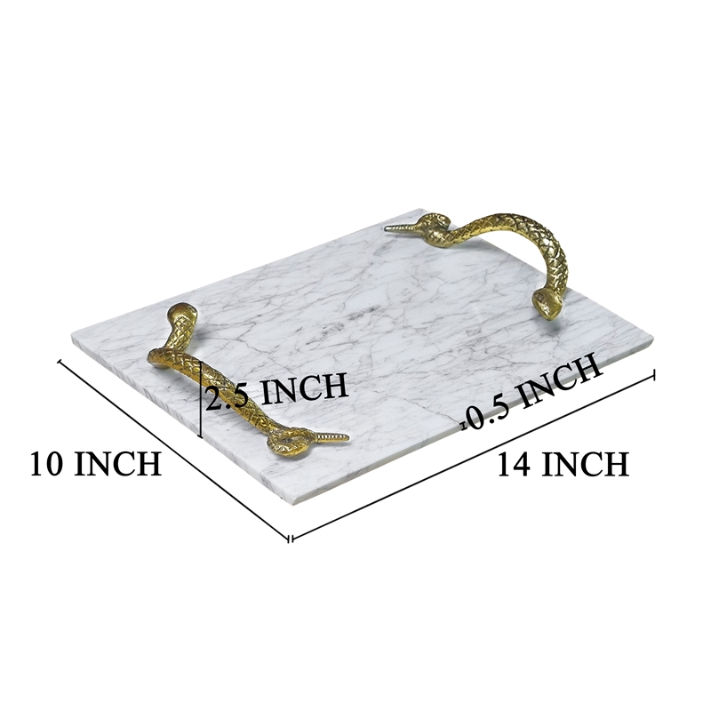 Maklaine White Marble Decorative Tray with Brass Snake Handles