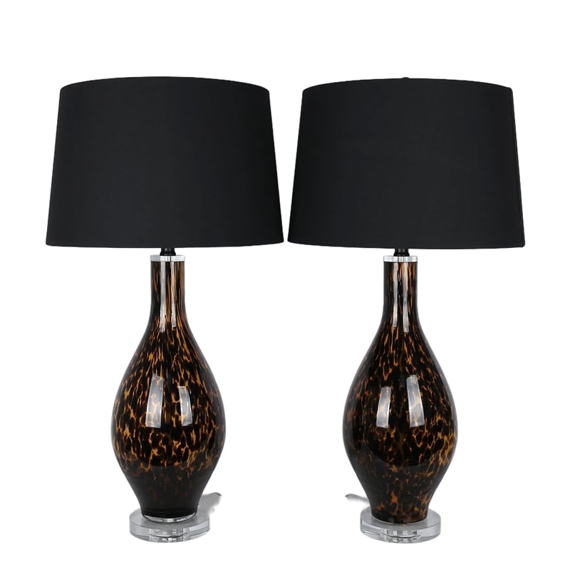 Maklaine Amber Art Glass Table Lamp with Black Shade and Crystal Base (Set of 2)