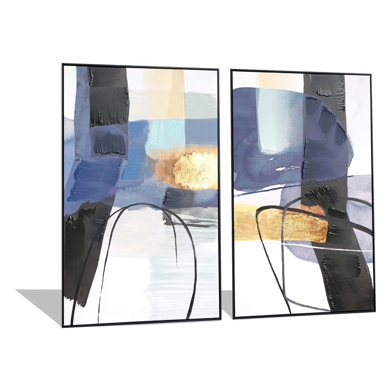 Maklaine Abstract Diptych Hand-Painted Canvas Wall Art with Blue & Gold