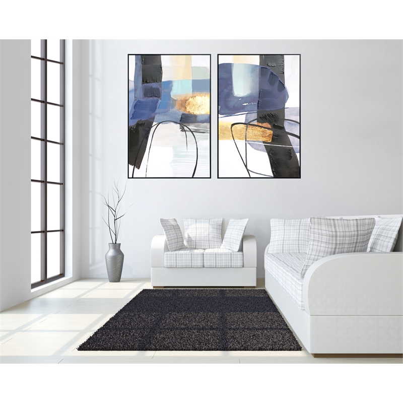 Maklaine Abstract Diptych Hand-Painted Canvas Wall Art with Blue & Gold