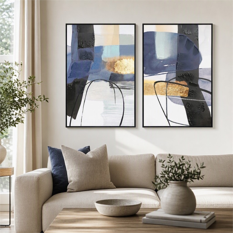 Maklaine Abstract Diptych Hand-Painted Canvas Wall Art with Blue & Gold