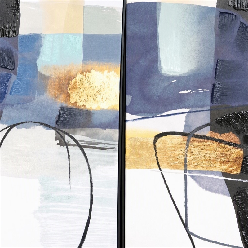 Maklaine Abstract Diptych Hand-Painted Canvas Wall Art with Blue & Gold