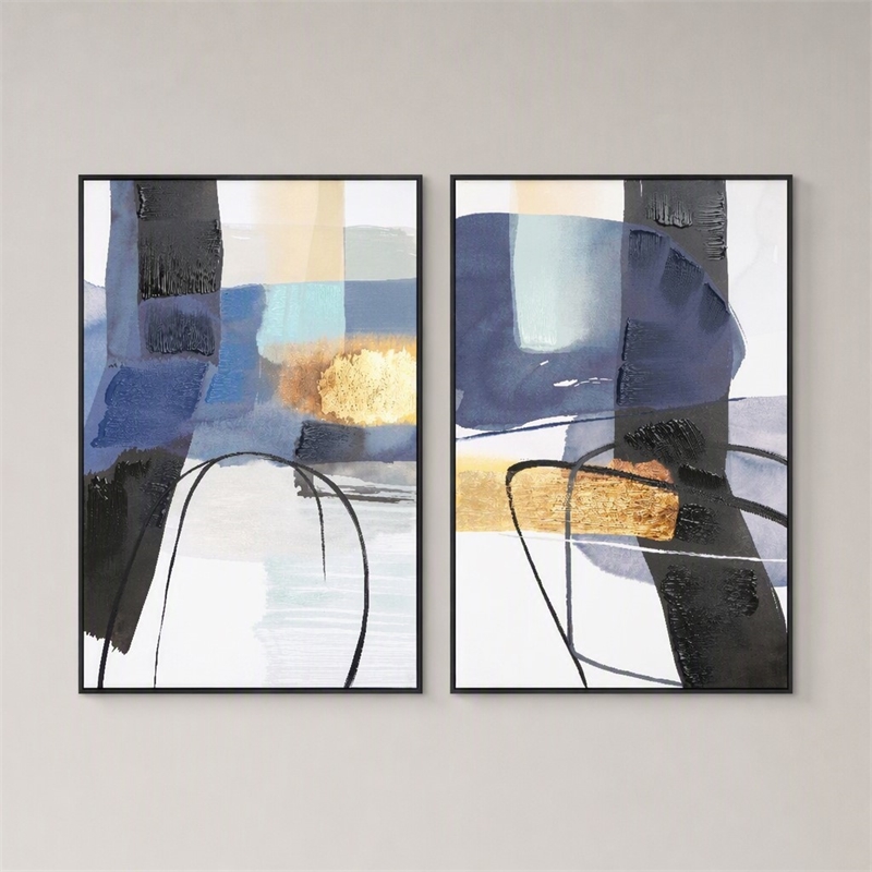 Maklaine Abstract Diptych Hand-Painted Canvas Wall Art with Blue & Gold