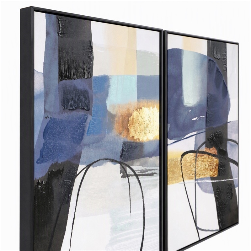 Maklaine Abstract Diptych Hand-Painted Canvas Wall Art with Blue & Gold