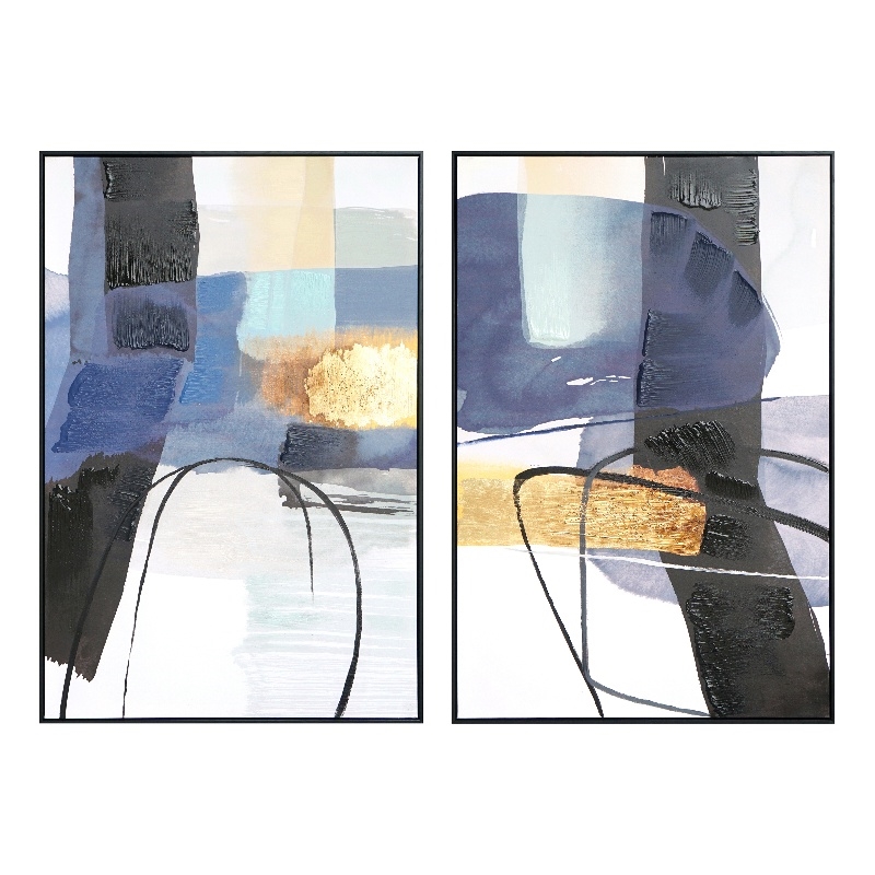 Maklaine Abstract Diptych Hand-Painted Canvas Wall Art with Blue & Gold