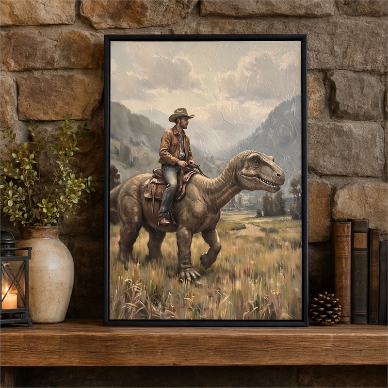 Maklaine Western Cowboy Dinosaur Textured Canvas Art in Black Frame