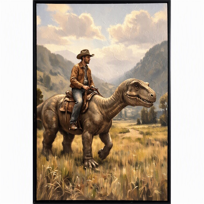 Maklaine Western Cowboy Dinosaur Textured Canvas Art in Black Frame