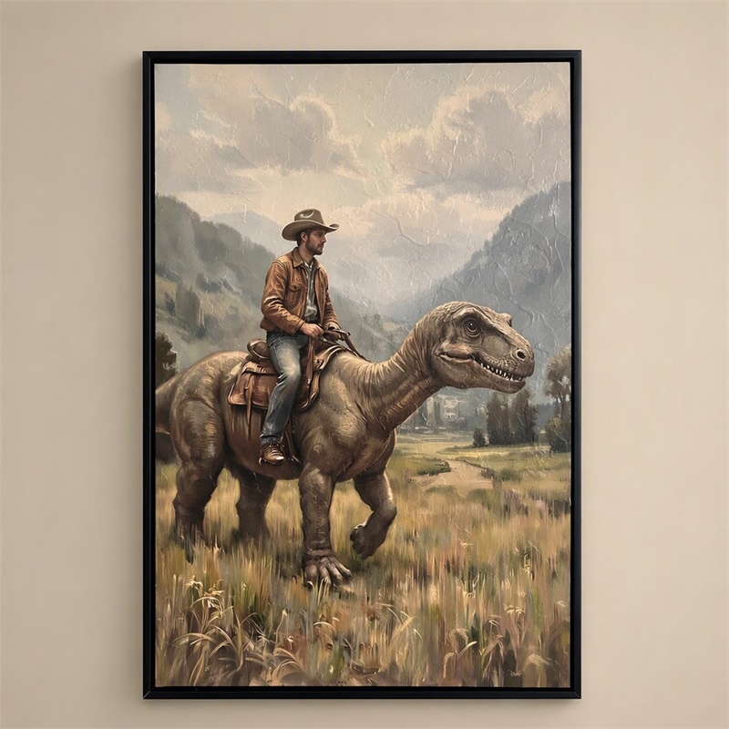 Maklaine Western Cowboy Dinosaur Textured Canvas Art in Black Frame