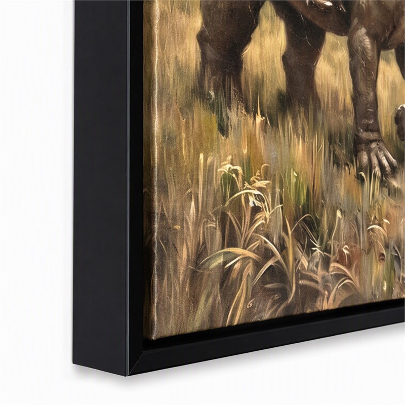 Maklaine Western Cowboy Dinosaur Textured Canvas Art in Black Frame