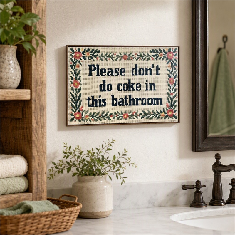 Maklaine Bathroom Wit II Hand-Embellished Canvas with Frame in Brown