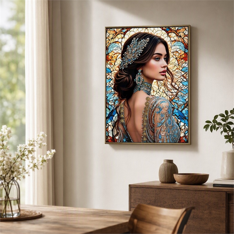 Maklaine Gloss Canvas Art with Portrait Design in Jewel Blue Stained Style