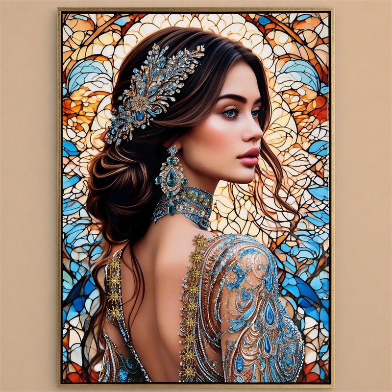 Maklaine Gloss Canvas Art with Portrait Design in Jewel Blue Stained Style