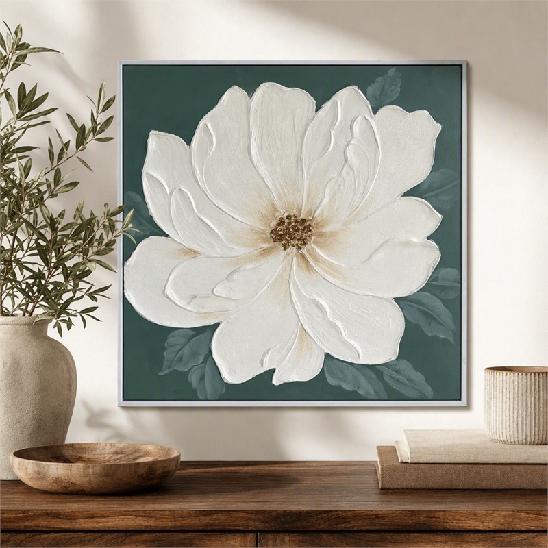 Maklaine Ivory Bloom Hand-Painted Canvas Art in Green Frame
