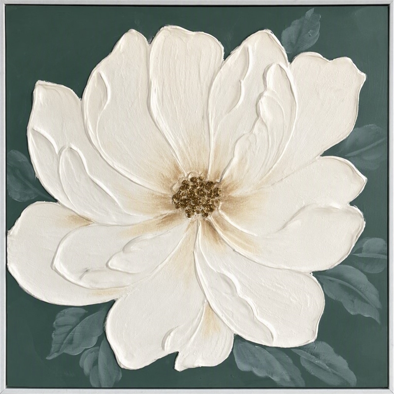 Maklaine Ivory Bloom Hand-Painted Canvas Art in Green Frame