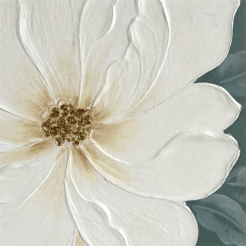 Maklaine Ivory Bloom Hand-Painted Canvas Art in Green Frame