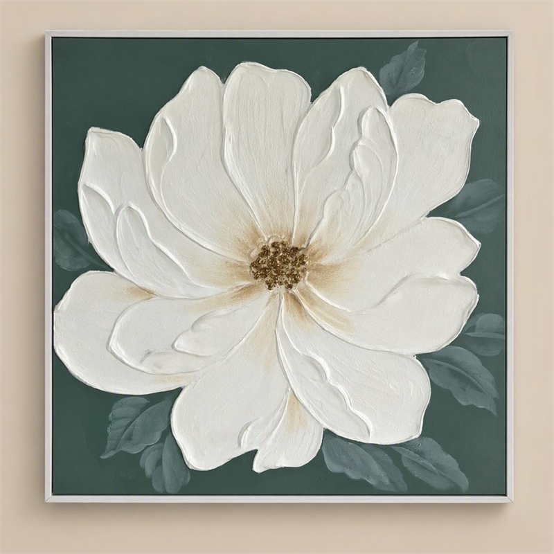 Maklaine Ivory Bloom Hand-Painted Canvas Art in Green Frame