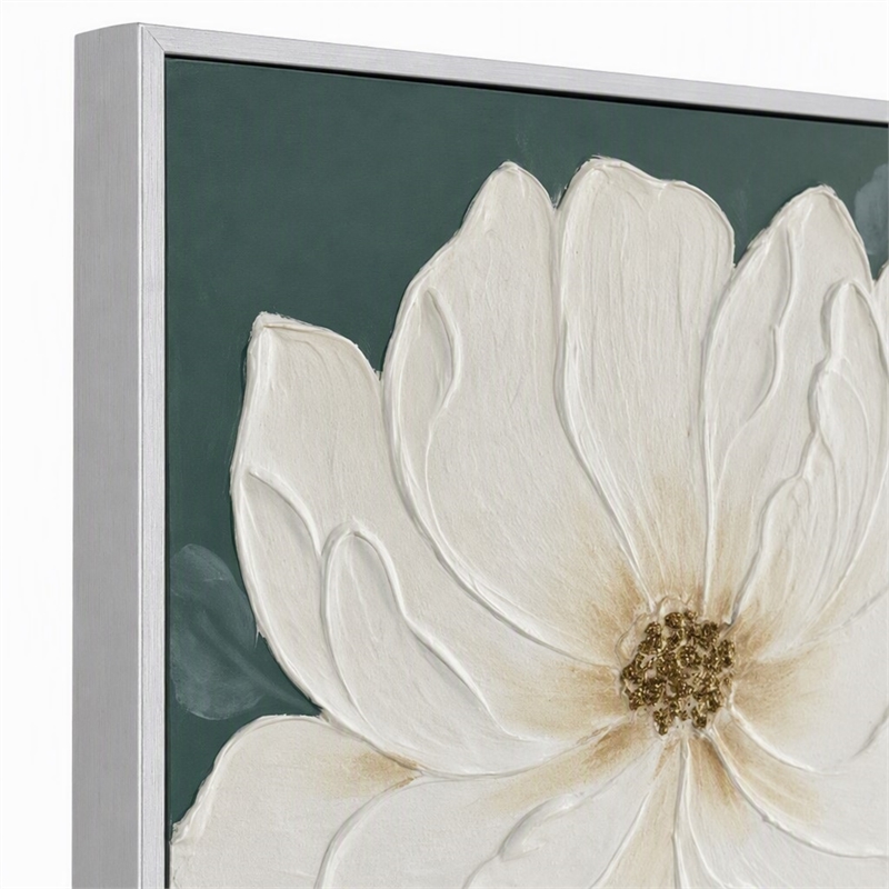 Maklaine Ivory Bloom Hand-Painted Canvas Art in Green Frame