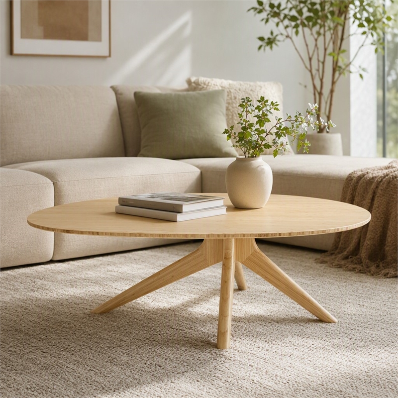 Maklaine Coffee Table in Sand Bamboo Finish with Oval Top