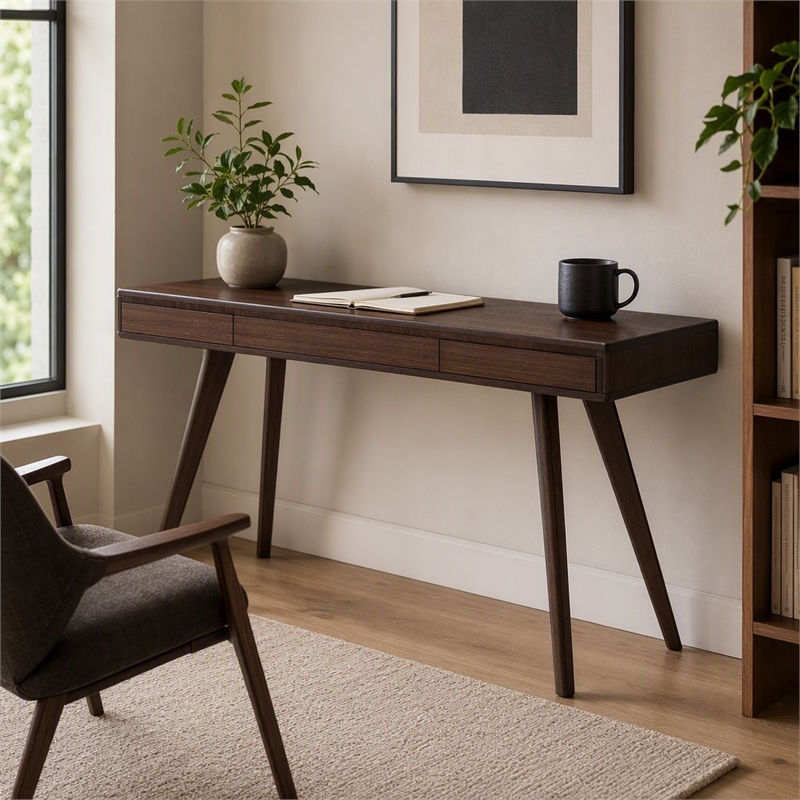 Maklaine Bamboo Writing Desk with Storage Drawers in Coffee Finish