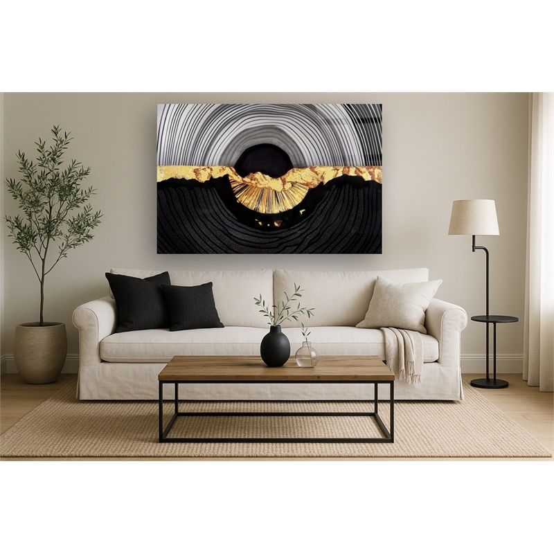 Maklaine Abstract Gold Circle Tempered Glass Wall Art in Multicolor
