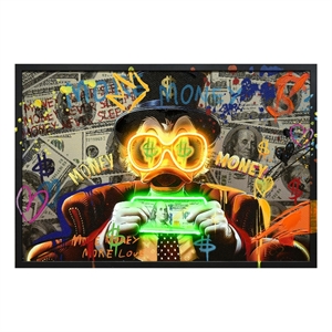 Maklaine Neon Money Duck LED Canvas Wall Art in Black Wood Frame