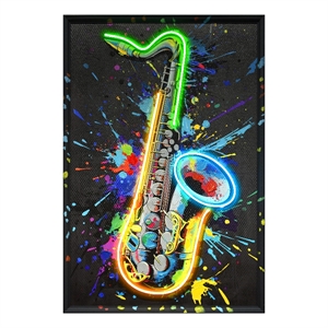 Maklaine Vivid Neon Saxophone LED Canvas Art in Black Wood Frame