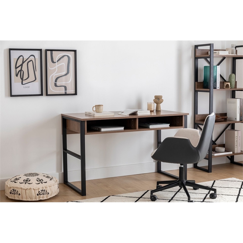 Maklaine Walnut Industrial Study Desk with Metal Frame and Storage Space