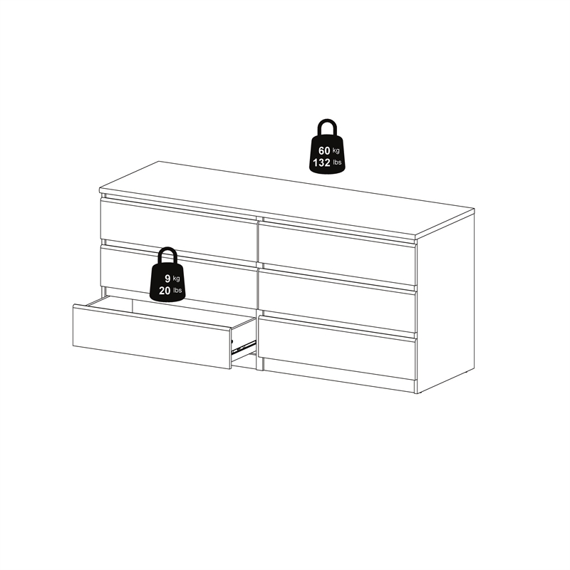 Kingfisher Lane Contemporary 6 Drawer Wood Double Dresser in White High Gloss