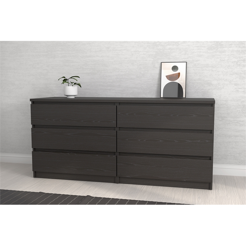 Kingfisher Lane Contemporary 6 Drawer Wood Double Dresser in Black Woodgrain