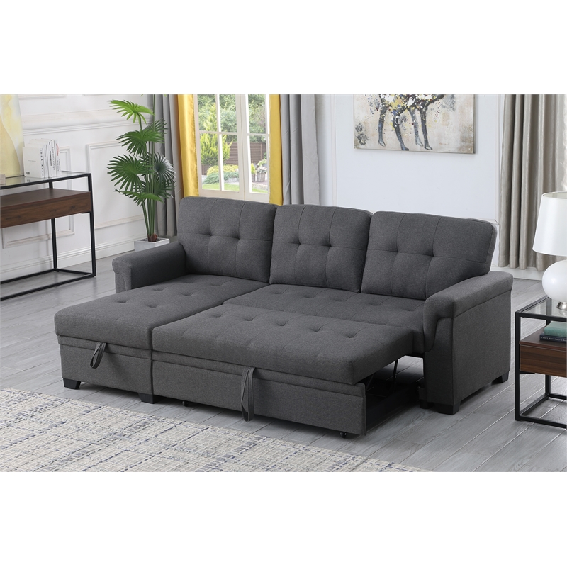 Kingfisher Lane Modern Linen Fabric Reversible Sleeper Sofa with Chaise in Gray