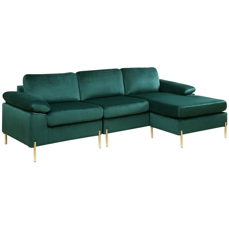Kingfisher Lane Modern Velvet Sectional Sofa in Green with Gold legs