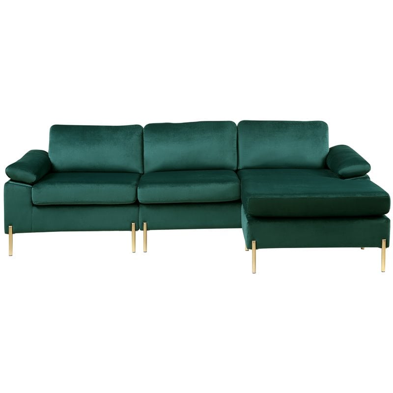 Kingfisher Lane Modern Velvet Sectional Sofa in Green with Gold legs