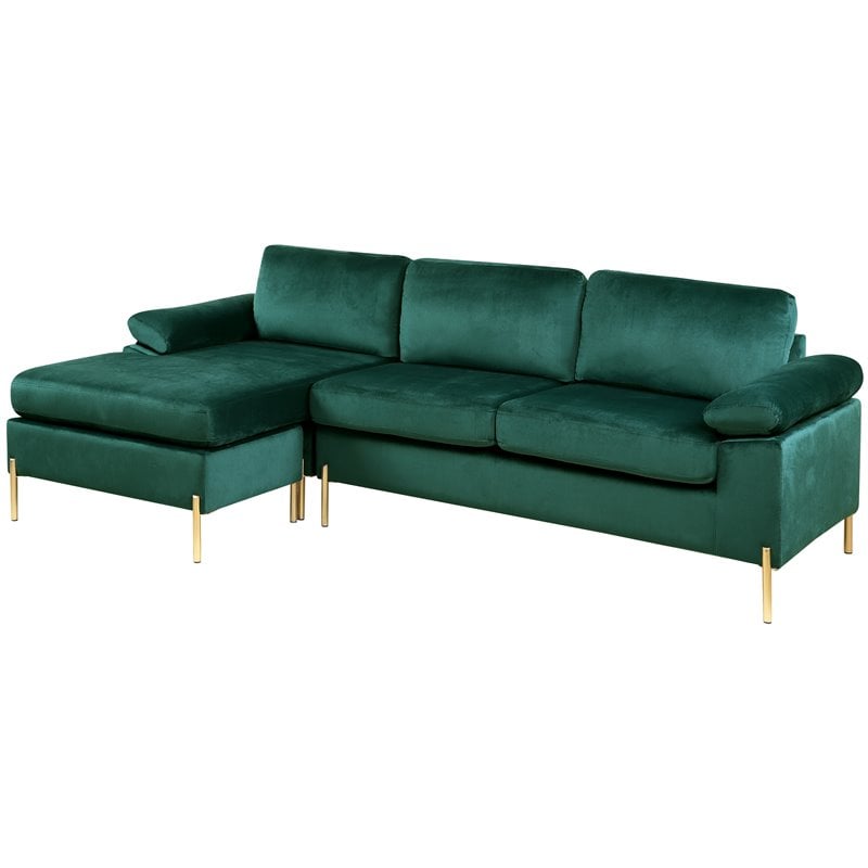 Kingfisher Lane Modern Velvet Sectional Sofa in Green with Gold legs