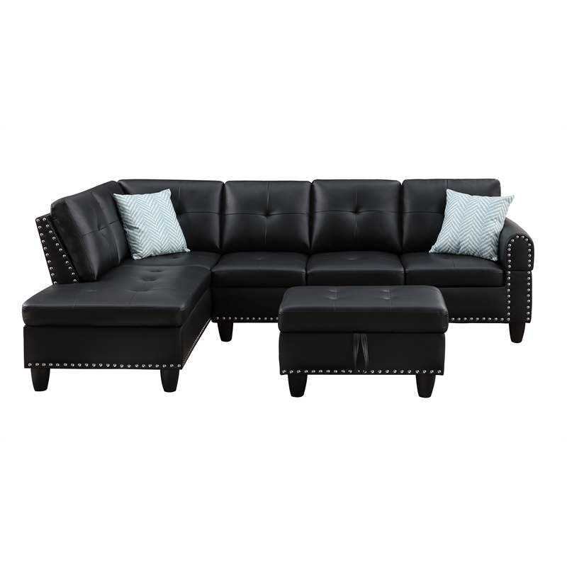 Kingfisher Lane Transitional Faux Leather Sectional Sofa with Ottoman in Black