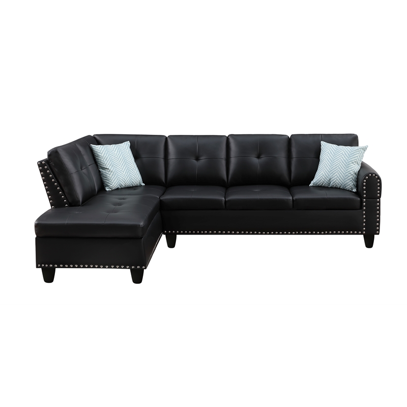 Kingfisher Lane Transitional Faux Leather Sectional Sofa with Ottoman in Black