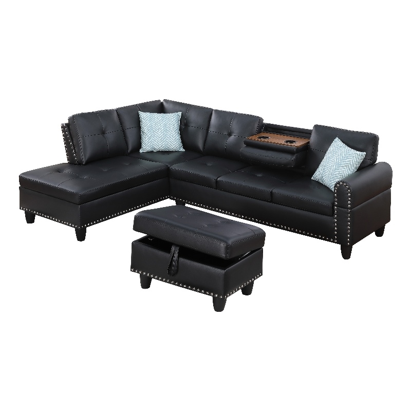 Kingfisher Lane Transitional Faux Leather Sectional Sofa with Ottoman in Black