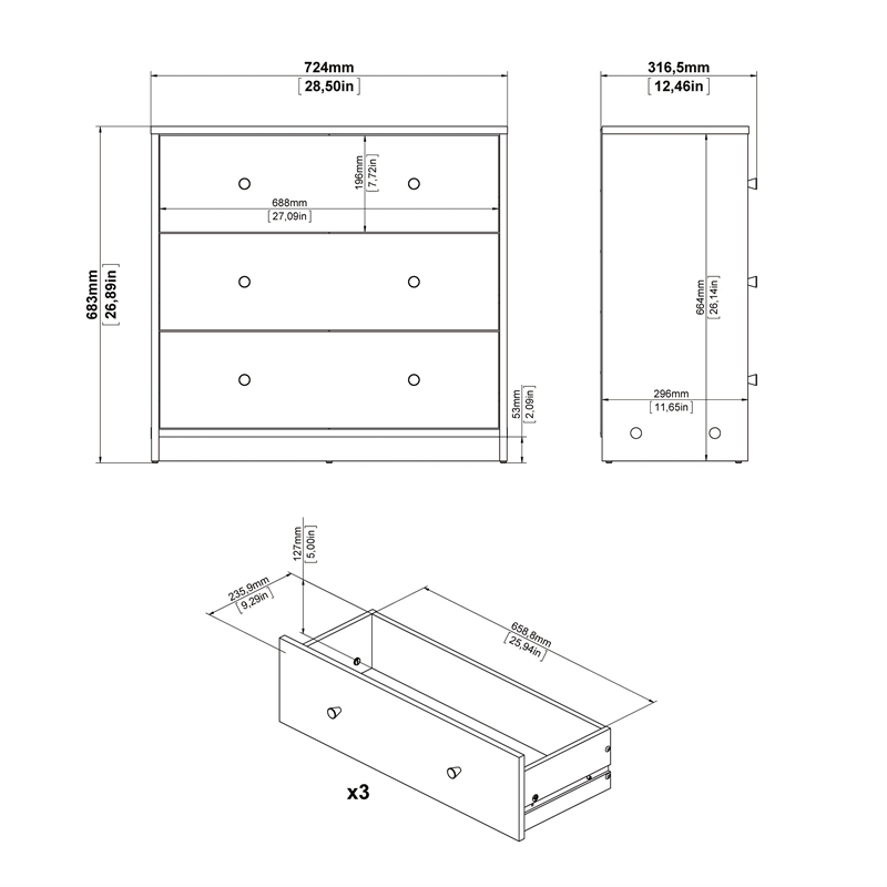 Kingfisher Lane Traditional 3 Drawer Wood Chest in Black