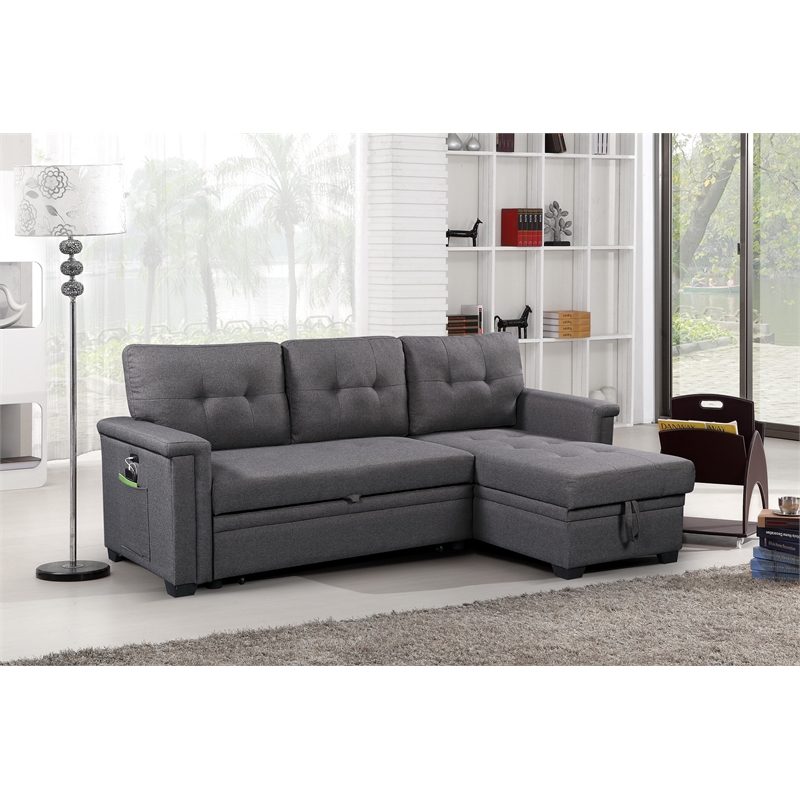 Kingfisher Lane Modern Fabric Reversible Sleeper Sofa with USB Charger in Gray