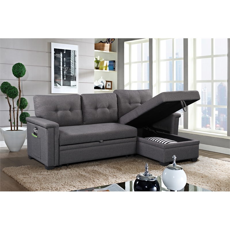 Kingfisher Lane Modern Fabric Reversible Sleeper Sofa with USB Charger in Gray