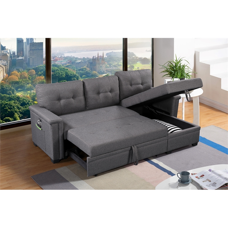 Kingfisher Lane Modern Fabric Reversible Sleeper Sofa with USB Charger in Gray