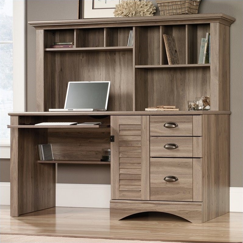 Kingfisher Lane Engineered Wood Computer Desk with Hutch in Salt Oak