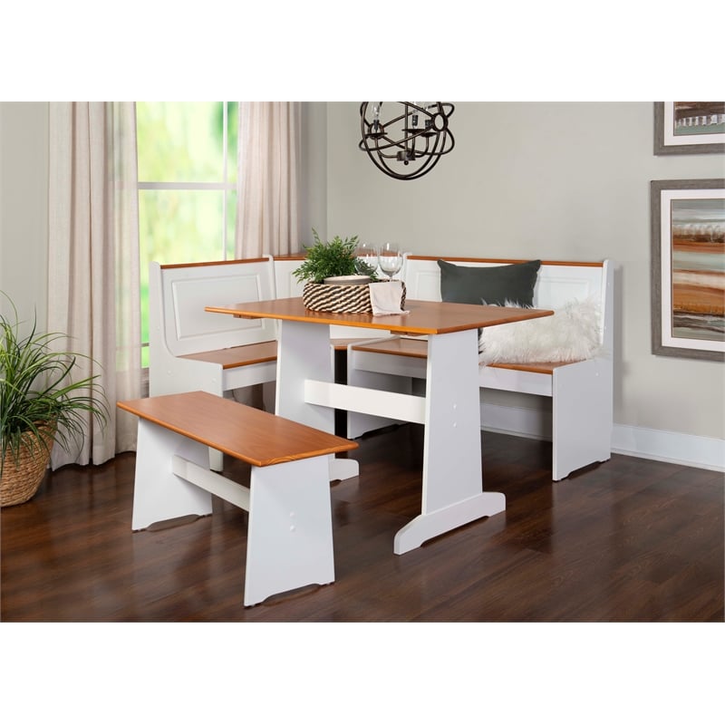 Kingfisher Lane Pine Wood Corner Nook Dining Set with Storage in White & Natural