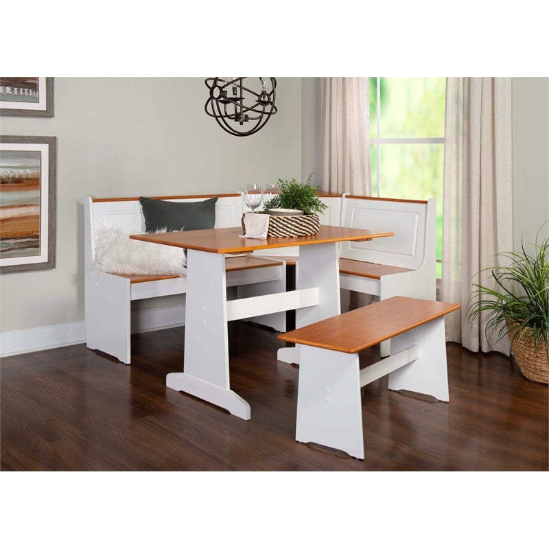 Kingfisher Lane Pine Wood Corner Nook Dining Set with Storage in White & Natural