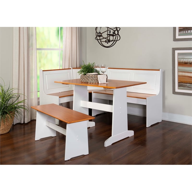 Kingfisher Lane Pine Wood Corner Nook Dining Set with Storage in White & Natural