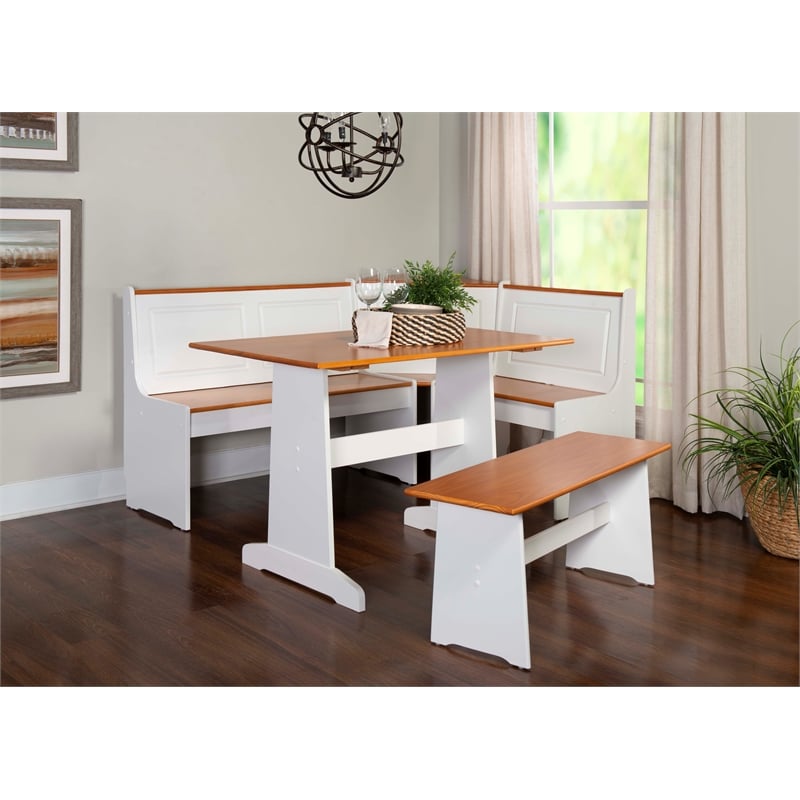 Kingfisher Lane Pine Wood Corner Nook Dining Set with Storage in White & Natural