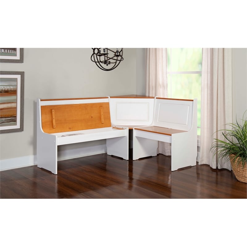 Kingfisher Lane Pine Wood Corner Nook Dining Set with Storage in White & Natural