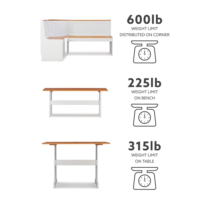 Kingfisher Lane Pine Wood Corner Nook Dining Set with Storage in White & Natural
