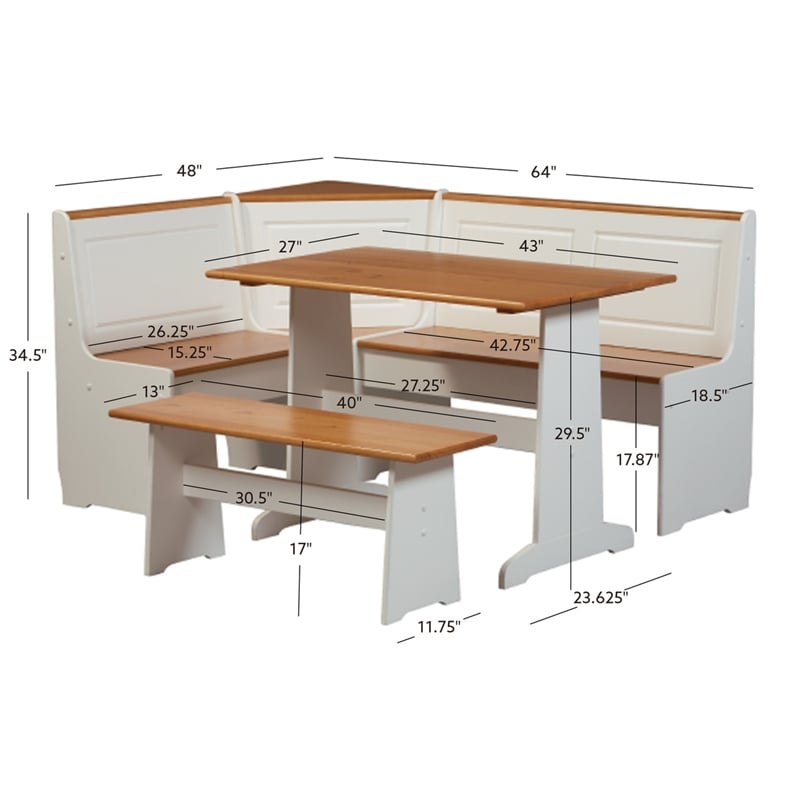 Kingfisher Lane Pine Wood Corner Nook Dining Set with Storage in White & Natural
