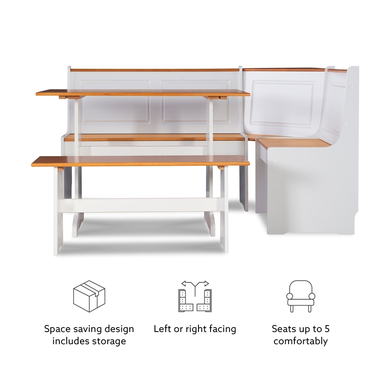 Kingfisher Lane Pine Wood Corner Nook Dining Set with Storage in White & Natural