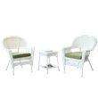 Kingfisher Lane 3 Piece Wicker Conversation Set in White with Green Cushions